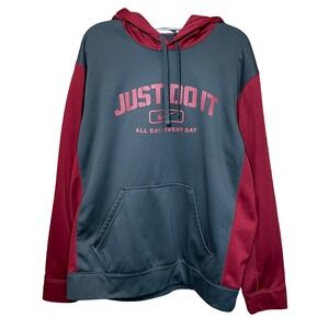 Nike Therma Fit Hoodie "Just Do It" Men's Size L Gray Red Pullover Long Sleeve
